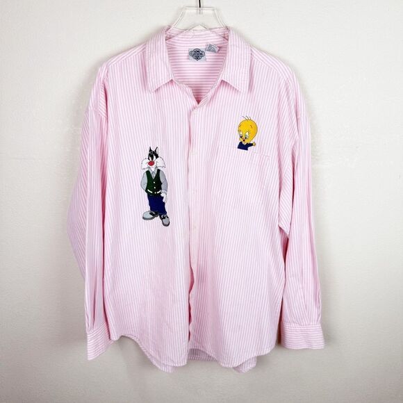 Vintage Tweedy Bird Looney Tunes Pink Striped Button Down Shirt XL - Picture 1 of 6